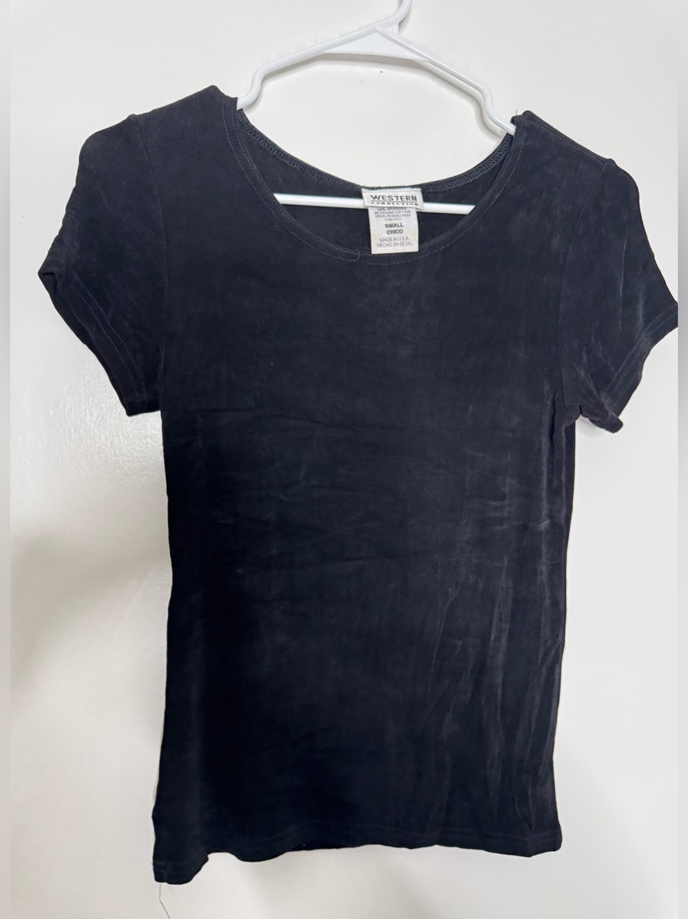 WESTERN connections Black Scoop Neck Short Sleeve Women's Top stretch SM
